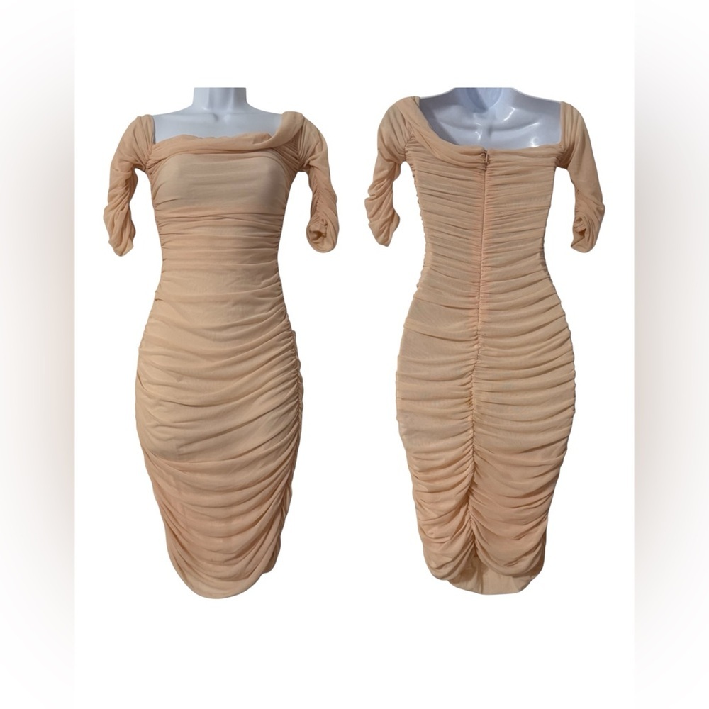 House of CB London Sheer Rushed Mesh Bodycon Dress in Light Pink Sz M Party Chic